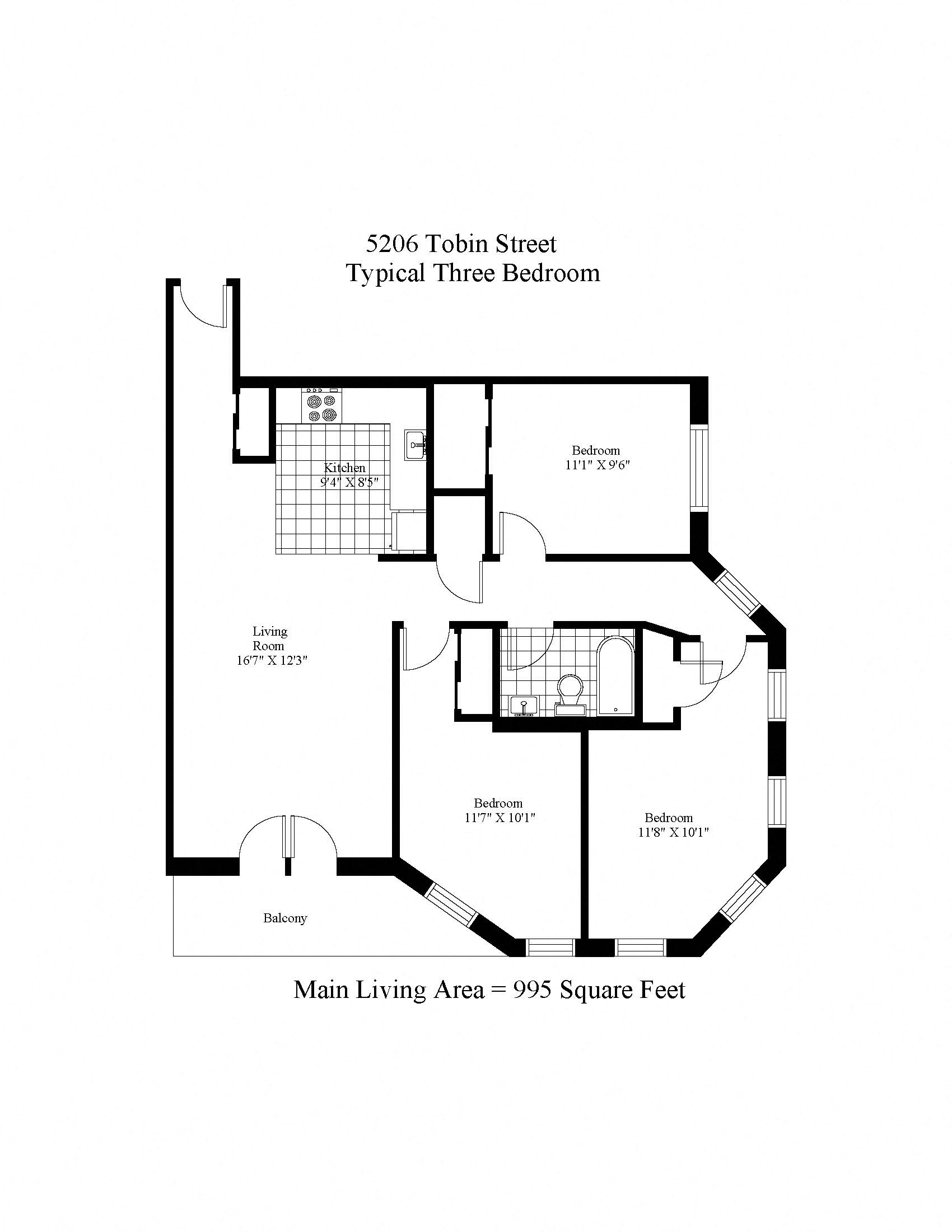 Floor plan for 3 beds, 1 bath, 995 sqft